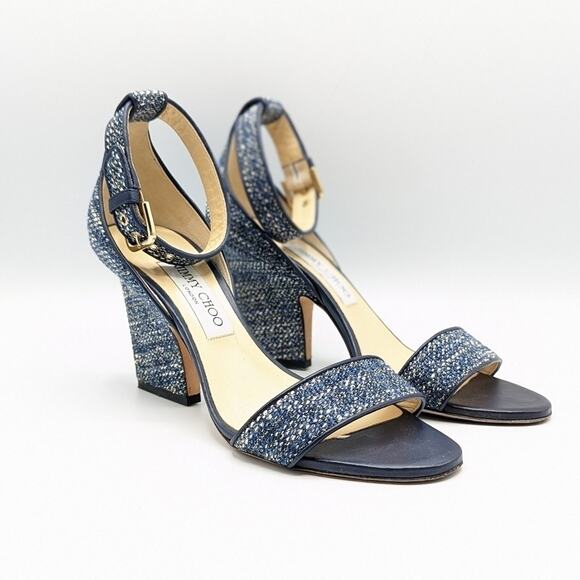 Jimmy Choo Blue Tweed Gold Metallic Block Heel Sandals Size 38.5 - Picture 1 of 10